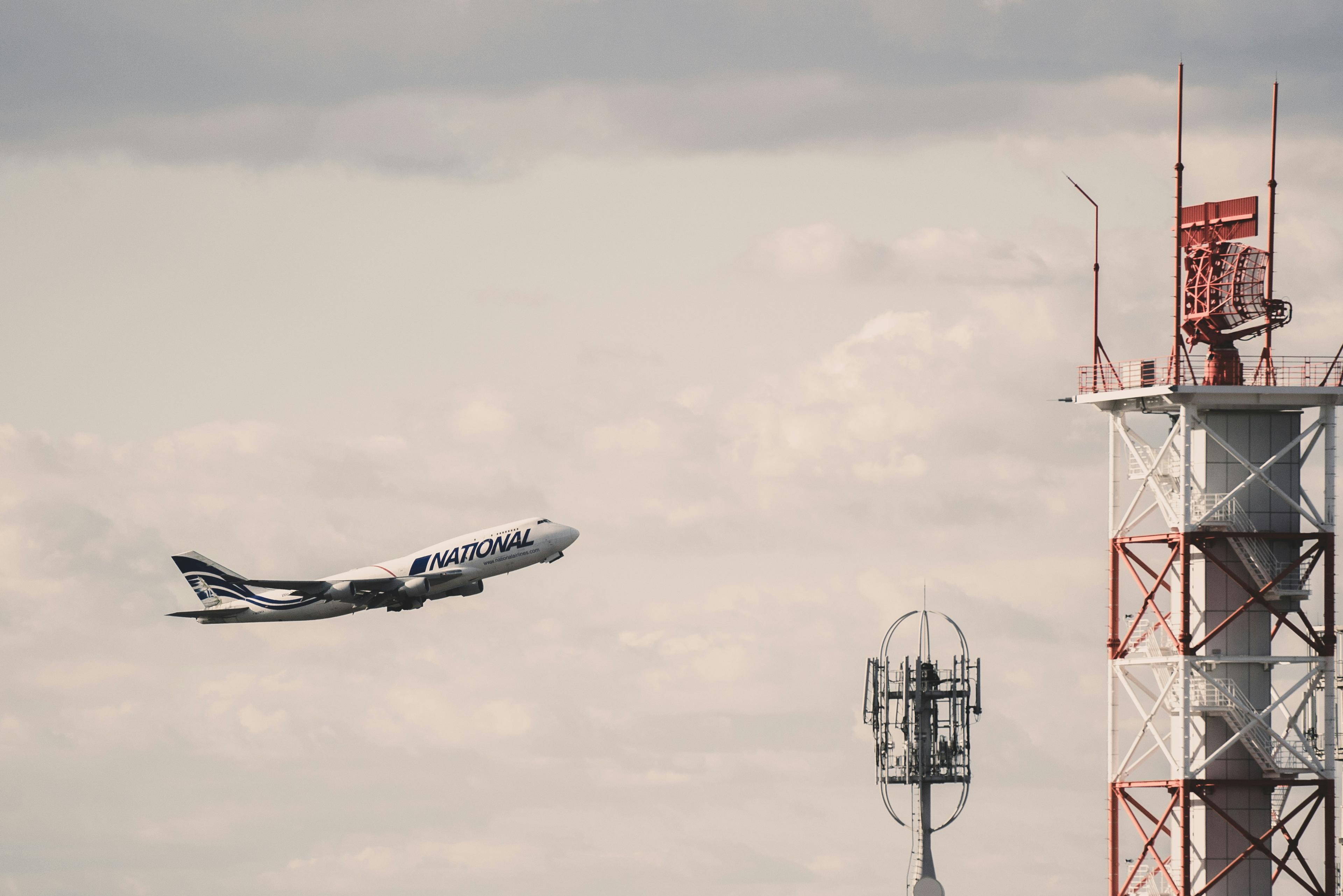 Airport control tower at dusk